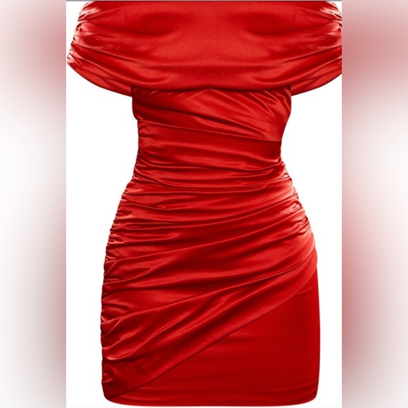 PrettyLittleThing Dresses & Skirts - PrettyLittleThing NWT Cherry Red Premium Satin Bardot Mini Dress Size 8